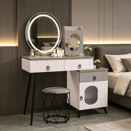Modern Luxury Minimalist Solid Wood Durable Customizable Multi-Purpose Makeup Vanity Lighted Oval Mirror Storage Drawers  Bedroom