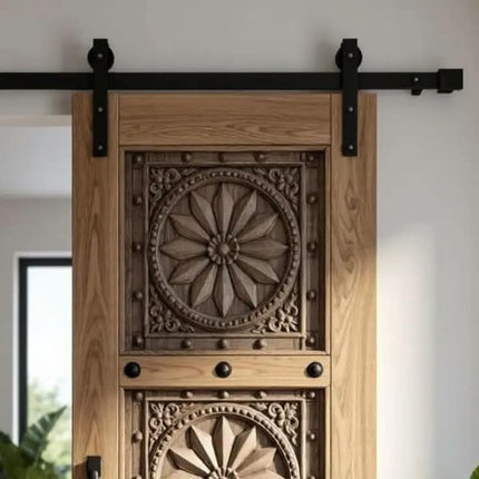 Luxury Handcrafted Mandala Star Carved Solid Wood Sliding Barn Door Artistic Interior Entryway Decor