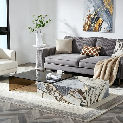 Architectural marble coffee table white and gray natural stone glasses H30 Low nesting center table for luxury living room villa