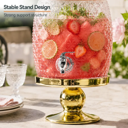 Large Capacity Pineapple-Shaped Glass Beverage Dispenser Gold Metal Stand Leakproof Spigot BPA Free Dishwasher Microwave Safe
