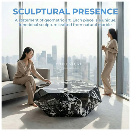 Bulgari black modern marble top coffee table set crafted from unique marble with geometric design for living room furniture