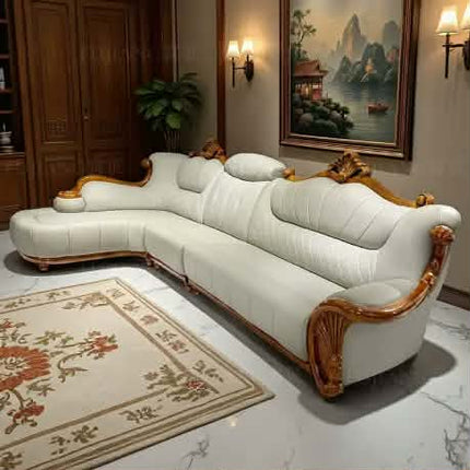 High End Genuine Leather Tufted Sofa Set European Modern Corner L-Shape Luxury Solid Wood Frame Apartment Living Room Furniture