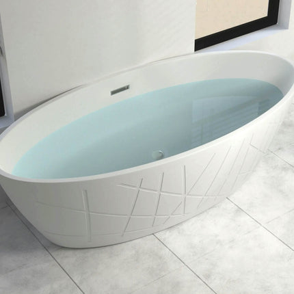 Acrylic Soaking Standing Bathtub White Oval Apron Withe Acrylic Freestanding Bath Tub with Decorative Pattern Surface Design