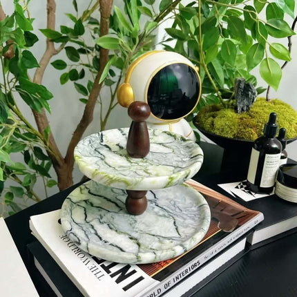 Stonekocc 100% Natural Marble Green Stone Double-Layer Cake Stand For Jewelry Miscellaneous Sundries Living Room Tableware