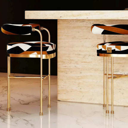 Modern Luxury Villa Dining Room Golden Bar Chair Hotel Restaurant Metal Frame Fabric Upholstered High Chair Furniture