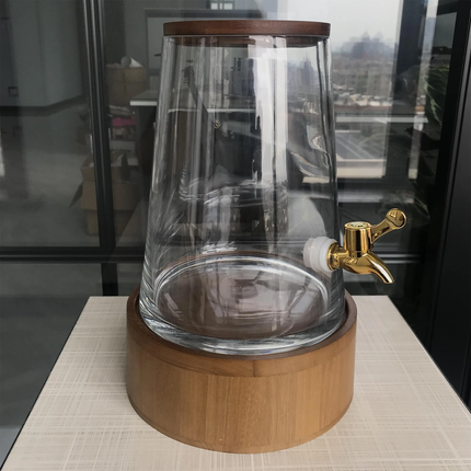 Big Volume Juice Glass Beverage Dispenser Sealable Glass Jar Ice Bucket Wood Stand