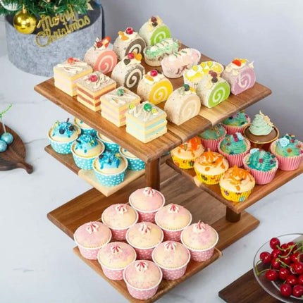 4-Tier Rustic Wooden CupCake Stand 50-Cup Capacity 12-inch Table Display Farmhouse Tiered Tray Decor Birthday Baby Shower-Square
