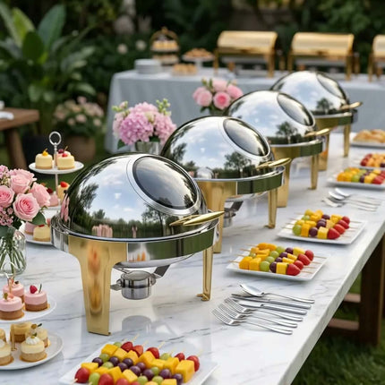 Luxury Semi-Gilded Stainless Steel Chafing Dish High Quality Food Warmer Buffet Service Alcohol/Electric Heating 6L Capacity