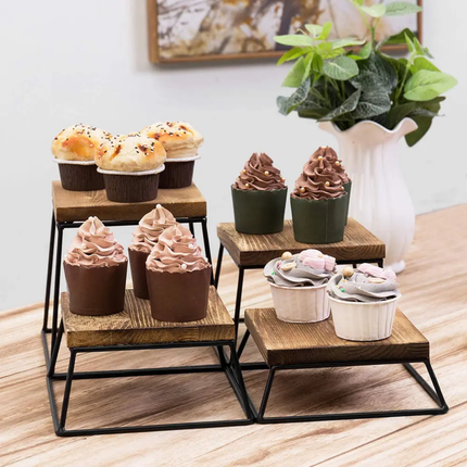 Burnt Wood & Black Metal Polished Square Retail Food Display Risers/Pizza Stands Holiday Decoration Set Of 4