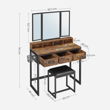 Dressing Table With Mirror And Stool Vanity With Tri-Fold Mirror 3 Drawers Makeup Desk Industrial Style Rustic Brown And BLack
