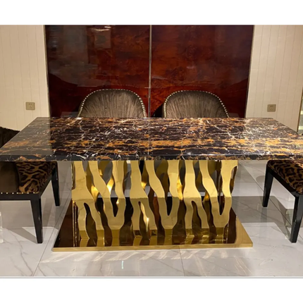 Leidenuo Zebra-D Modern 6-Piece Brushed Gold Marble Top Glass Dining Room Furniture Set Certified for Home