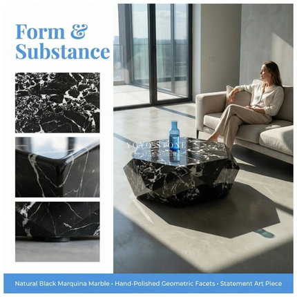 Bulgari black modern marble top coffee table set crafted from unique marble with geometric design for living room furniture