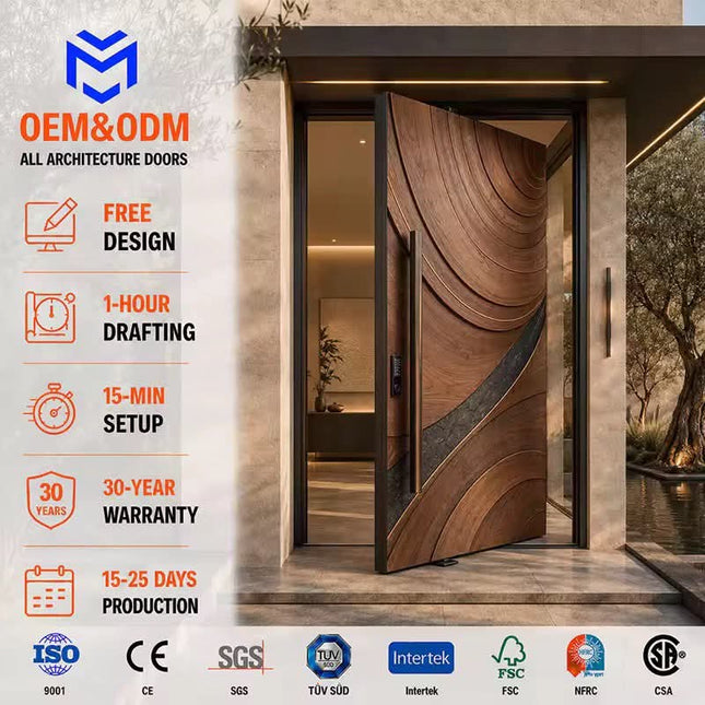 Modern 3D Design Carved Cast Aluminum Wooden Villa American Entry Exterior Front Pivot Entrance Door