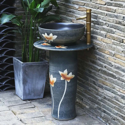 One-Piece Antique Ceramic Pedestal Sink Rustic Brown Porcelain Basin with Intricate Hand-Painted Lotus Motifs Decorative Art Sink for Washrooms