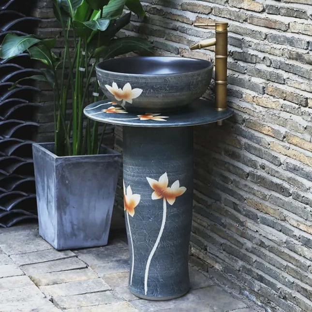 One-Piece Antique Ceramic Pedestal Sink Rustic Brown Porcelain Basin with Intricate Hand-Painted Lotus Motifs Decorative Art Sink for Washrooms
