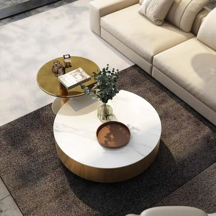 Modern luxury wood marble round tv stand and coffee table set living room stainless steel Gold drawers glass furniture design