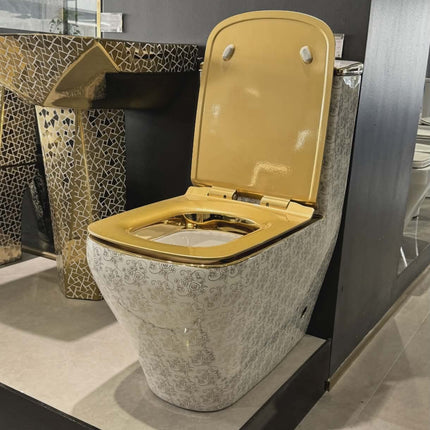White Gold Floral Pattern Toilet Italian Design Elegant Bathroom Masterpiece