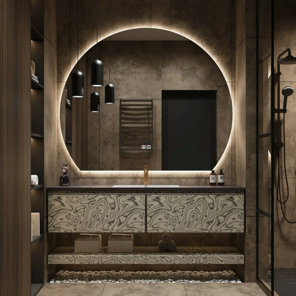 Modern Italian luxury, integrated stone countertop with ceramic sink, Smart LED mirror/mirror cabinet