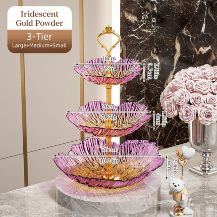 Luxury 2/3 Tier Gradient Petal Plastic Fruit Plate Crown Gold Handle Food Grade Snack Candy Serving Tray For Wedding Party Decor