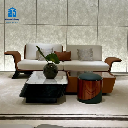 Italian Luxury for Wing Style Sectional Sofa Set Modern Design Natural Wood Veneer High-Gloss Lacquer Finish