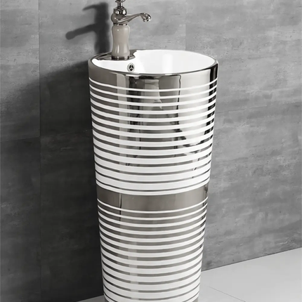 Hand Painted Modern Gold Pedestal Sink Easy Clean Free Standing Ceramic Basin Single Hole Faucet Mount 9L Capacity 5 Bathroom
