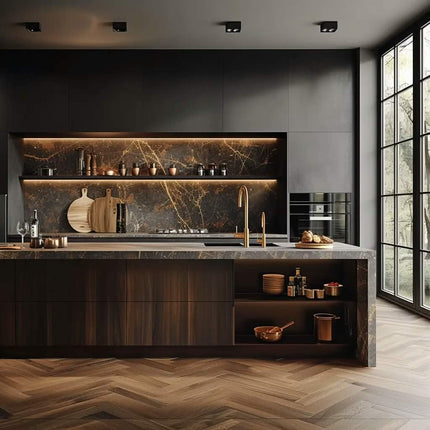 Kitchen Cabinets Dark Luxury Wood Veneer Modern Style with Marble Waterfall Island Modular Kitchen Unit Set Dining LED Lighting