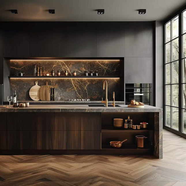 Kitchen Cabinets Dark Luxury Wood Veneer Modern Style with Marble Waterfall Island Modular Kitchen Unit Set Dining LED Lighting