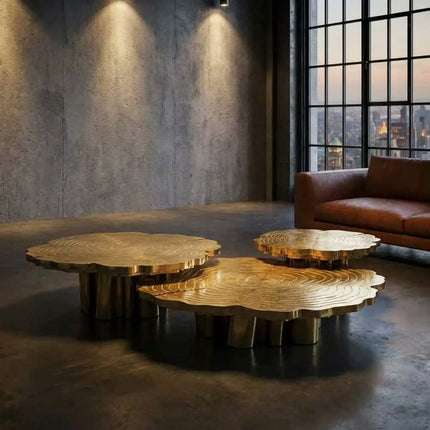 Etched Gold Stainless Steel Coffee Table of 3 Tree Stump Sculpture Center Table for Luxury Living Room Hotel Decor