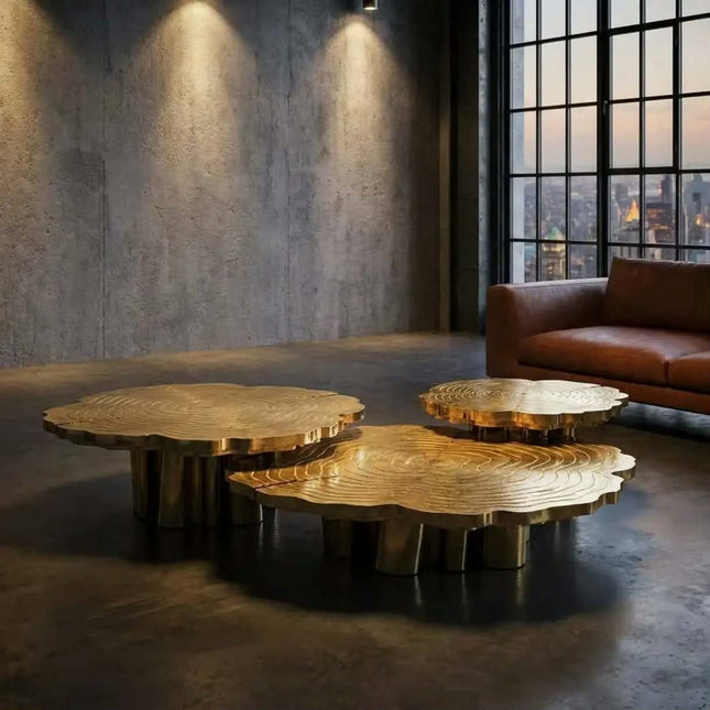 Etched Gold Stainless Steel Coffee Table of 3 Tree Stump Sculpture Center Table for Luxury Living Room Hotel Decor