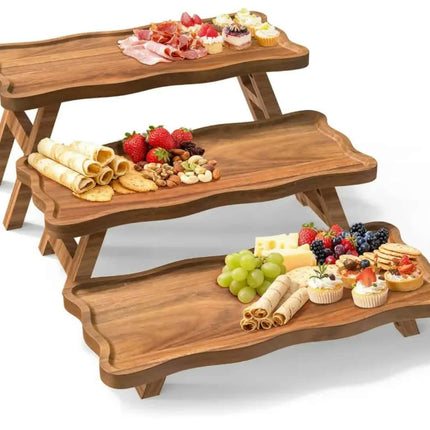 Custom Wooden Serving Stand OEM Laser Wave Edge Acacia Wood Charcuterie Riser Tray Fruit Dessert Display Stand For Party