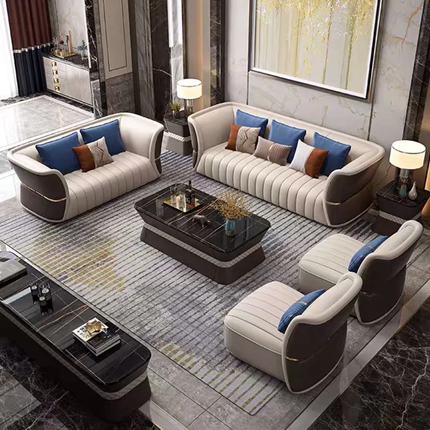 Imperial Beige Brown Sofa Set with Black Marble Top Center Table Luxury Design