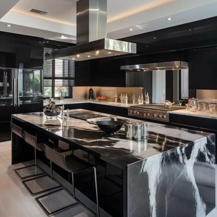 High End Modern Kitchen Cabinets Full Set Matte Finish Black Lacquer Modular Kitchen Furniture with Quartz Countertops