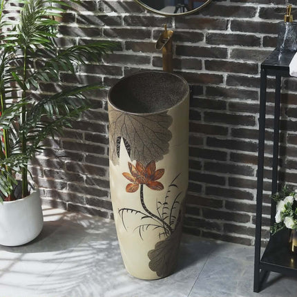 Traditional Irregular Porcelain Washbasin with Lotus Motifs – Floor-Mounted, Free-Standing Pedestal Sink for Bathrooms