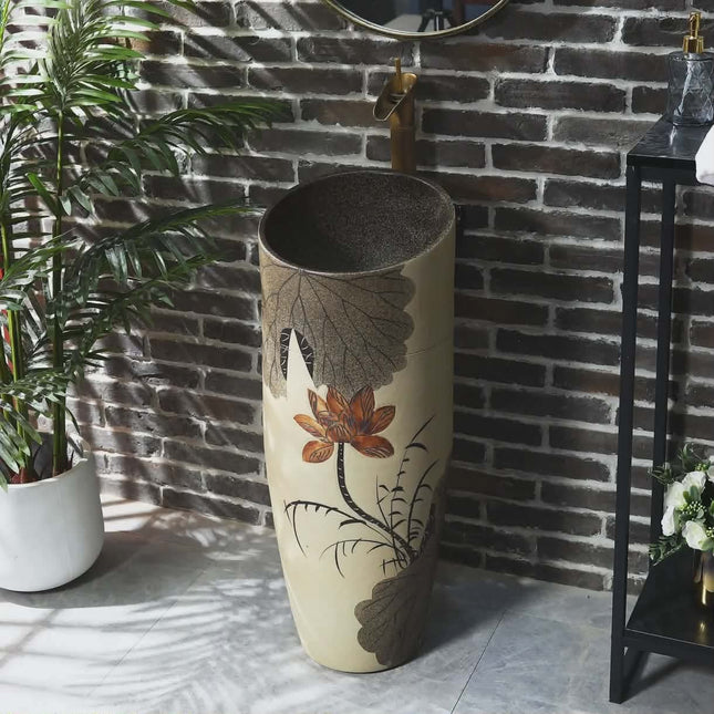 Traditional Irregular Porcelain Washbasin with Lotus Motifs – Floor-Mounted, Free-Standing Pedestal Sink for Bathrooms
