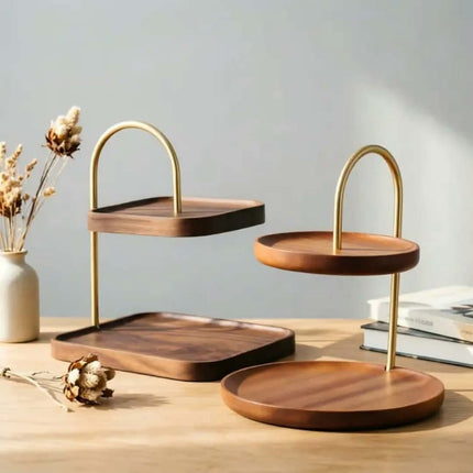 Nordic Style Solid Wood Double Layer Display Tray For Snacks Candy and Fruit On Coffee Table