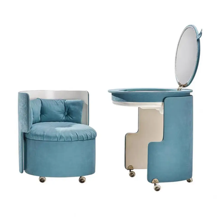 Italian Luxury Modern Solid Wood Stainless Steel Vanity Set Dressing Table With Flip Mirror Leather Seat Storage Chair Bespoke