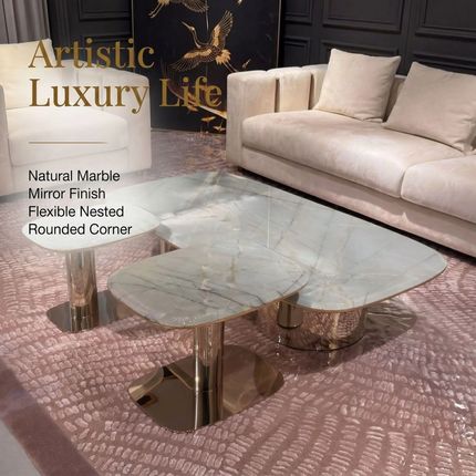 Made of FiberGlass  Modern Italian Luxury Durable Natural Marble Polished Stainless Steel Nested Set Villa Hotel Living Room Coffee Tables