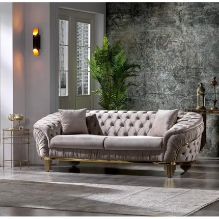Contemporary 3-Seater Chesterfield Loveseat Set Fabric Button Sectional Sofa Metal Frame