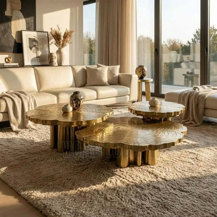 Etched Gold Stainless Steel Coffee Table of 3 Tree Stump Sculpture Center Table for Luxury Living Room Hotel Decor