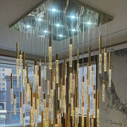 Customized Luxury LED Long Chandeliers Golden Crystal Staircase Pendant Light for Hotel Lobby Villa Customizable Lighting
