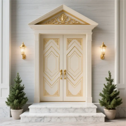 Customize Luxury Italian-style Villa with White Carved Wooden Double Doors at the Entrance