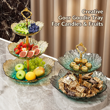 Luxury 2/3 Tier Gradient Petal Plastic Fruit Plate Crown Gold Handle Food Grade Snack Candy Serving Tray For Wedding Party Decor