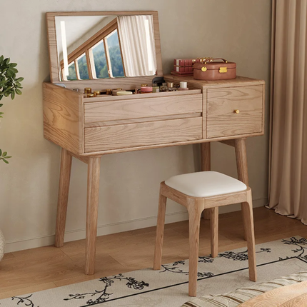 Solid Oak Wood Convertible Dressing Table With LED Mirror USB Port Flip Cover Makeup Cabinet Silent Wind Design For Bedroom
