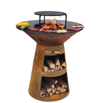 Wood Burning Outdoor Fire Pit Grill with Circular BBQ Plate
