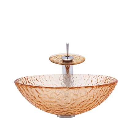 Bathroom Manufacturers Orange Transparent Art Glass WashBasin Bathroom Round Above Table Basin With Waterfall Faucet