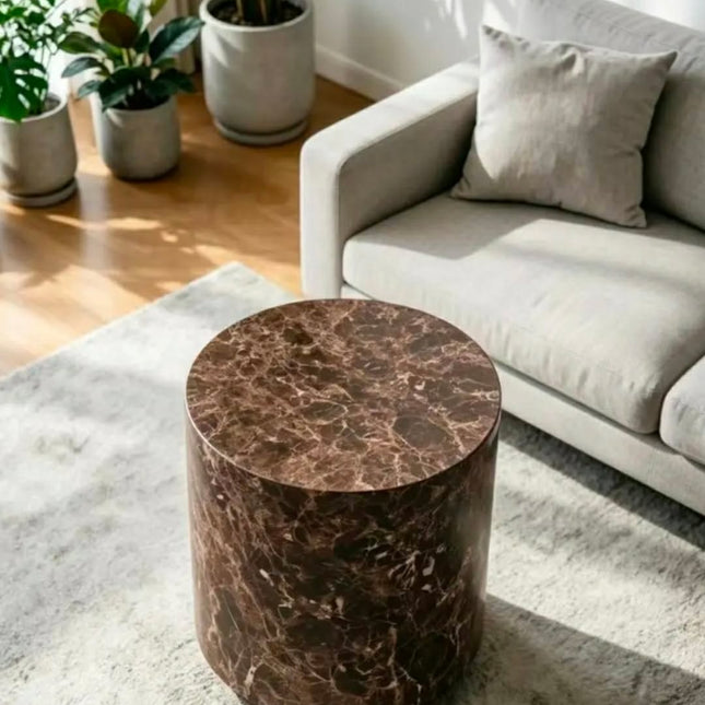 Natural Marble Side Table Design Home Furniture Brown Luxury Cylinder Stone Pillar Sofa Plinth Side Table Bedroom Side Table