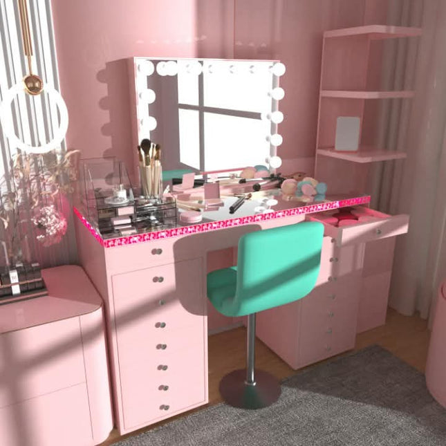 Pink Dressing Table Pink Makeup Desk 13 Drawers Bluetooth Speaker Dressing Table with LED Light Pink Vanity Table For makeup