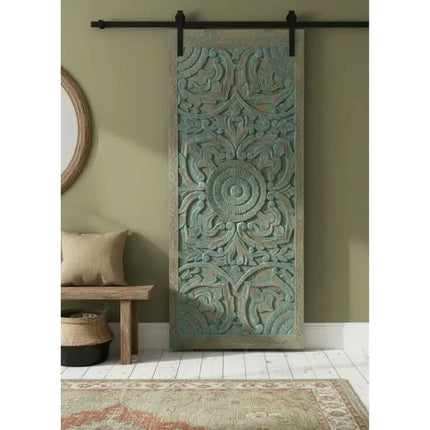 Rustic Antique Teal Carved Wood Sliding Barn Door Handcrafted Mandala Floral Interior Entryway