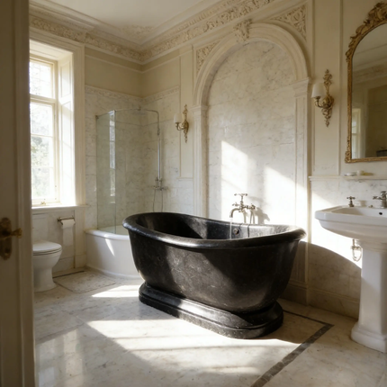 Hand Carved Freestanding Oval Shaped Solid Black Marble Soaking Bath Tub Marble Bathtub
