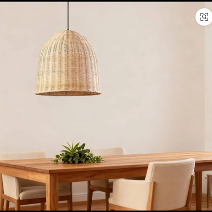 Modern Minimalist Dining Room with Wooden Table and Rattan Pendant Light